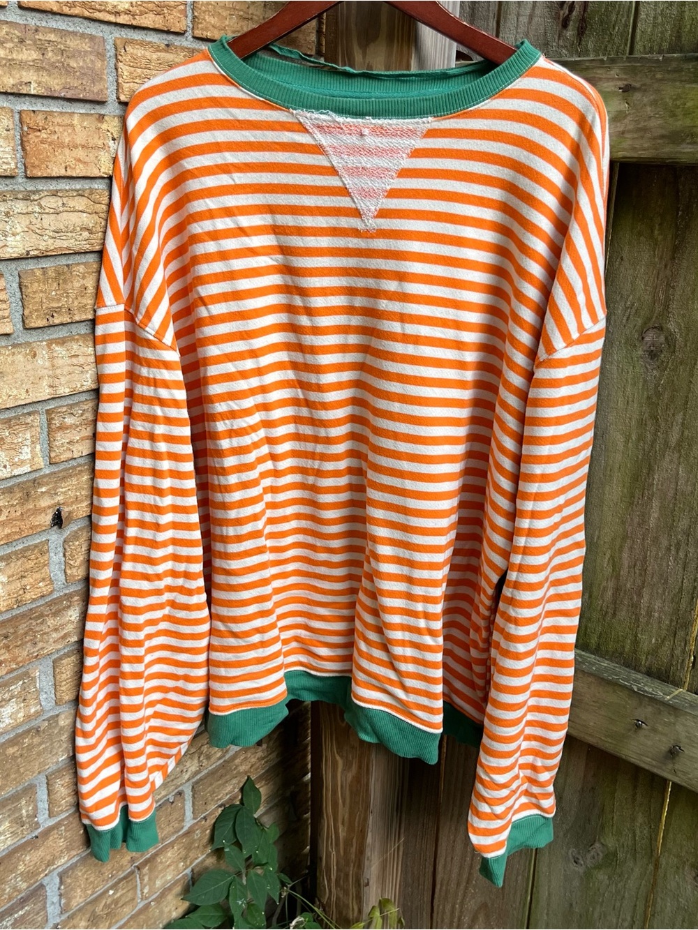 We The Free Orange and Cream Striped Pullover with Green Trim